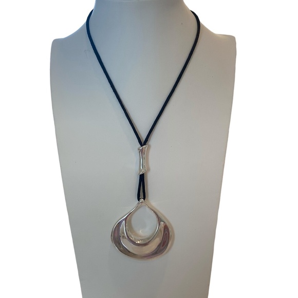 Chico's modernist sculptural silver tone pendant necklace black cord - Picture 7 of 7